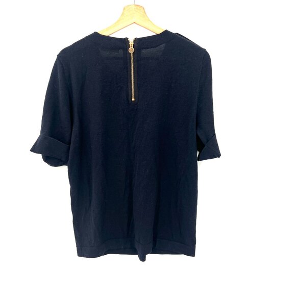 Tory Burch dark navy blue 100% merino wool sweater blouse half sleeve gold top L - Picture 13 of 13